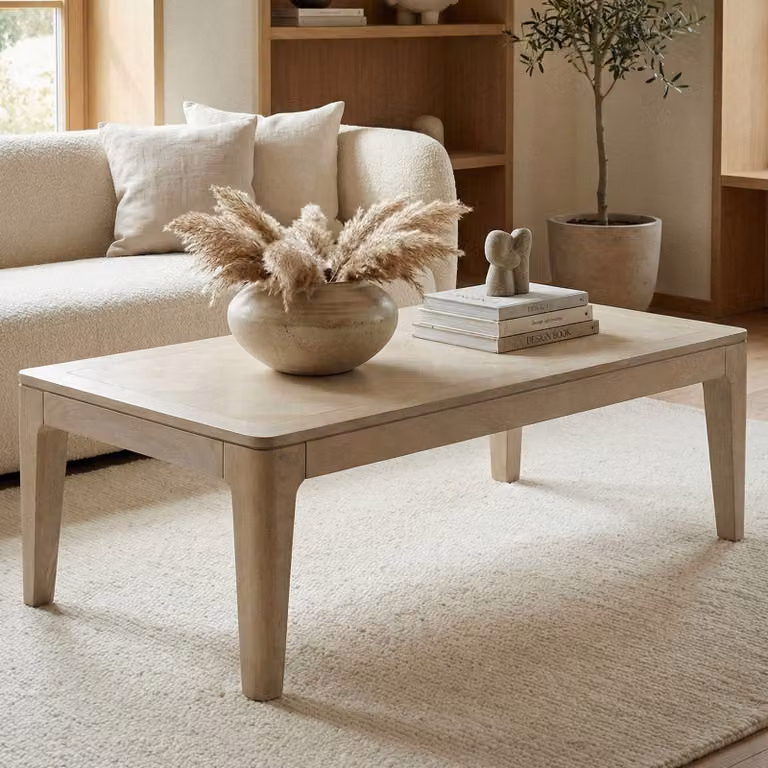 Tavolino FineBuy, 120x60 cm, in legno massello di mango, finitura bianca, tavolino rettangolare per il soggiorno, tavolino da divano, design moderno, tavolino in legno, tavolino da caffè, tavolino da lounge, prodotto artigianale