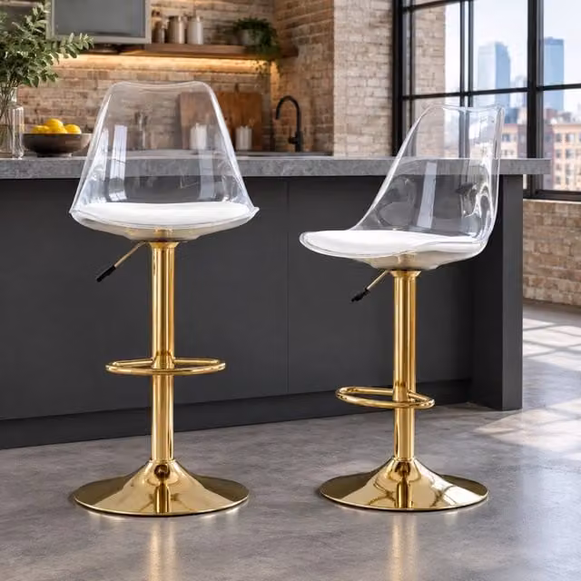 Set 2 sgabelli da bar regolabili con schienale in plastica trasparente e seduta in PU bianco, gambe metalliche dorate, girevoli a 360°