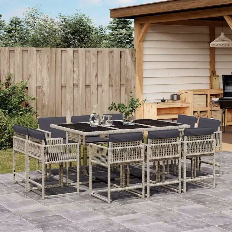 Set da pranzo da giardino vidaXL in polyrattan con cuscini e piano in vetro, 11 pezzi, antracite
