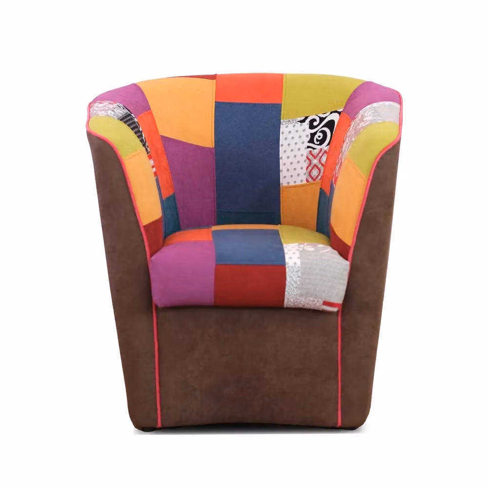 Poltrona Redokasa modello Tub in stile Boho con braccioli, tessuto patchwork multicolore e marrone, struttura in legno massiccio, L: 74 cm, P: 70 cm, H: 49 cm – 2