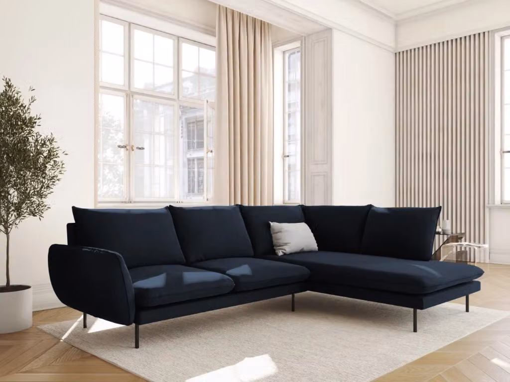 Divano angolare destro Vienna di Cosmopolitan Design in velluto blu scuro per 6 persone – 2