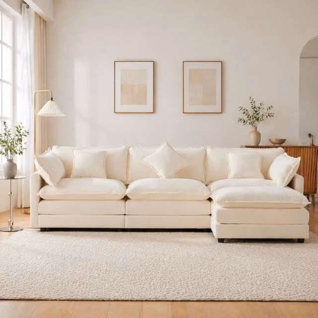 Divano 3 posti ULEVR 283x147x84 cm con pouf mobile trasformabile in chaise longue, chenille beige
