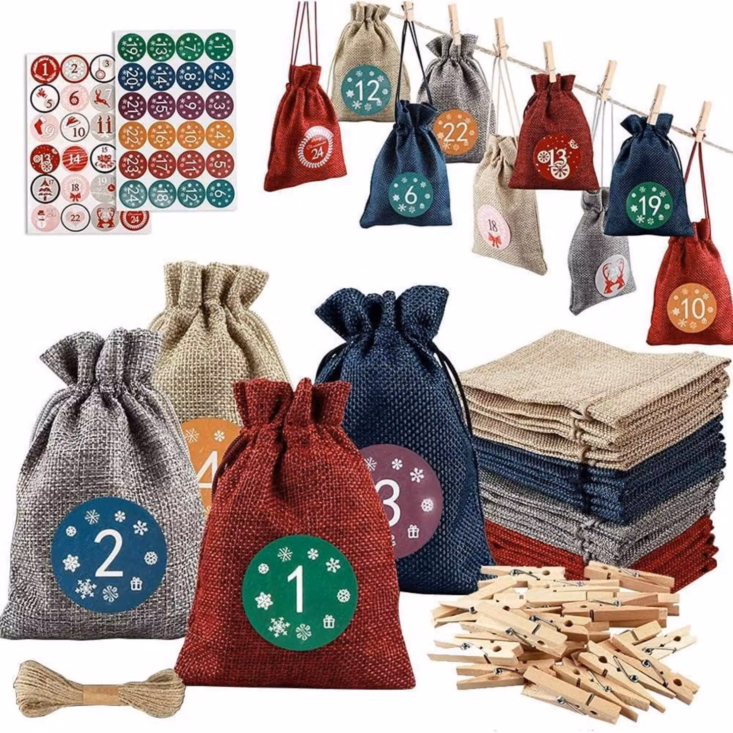 Calendario dell'Avvento da riempire per il 2026, composto da 24 sacchetti di juta di dimensioni 9,4x14 cm, ideale per creare un calendario di Natale personalizzato con adesivi numerati