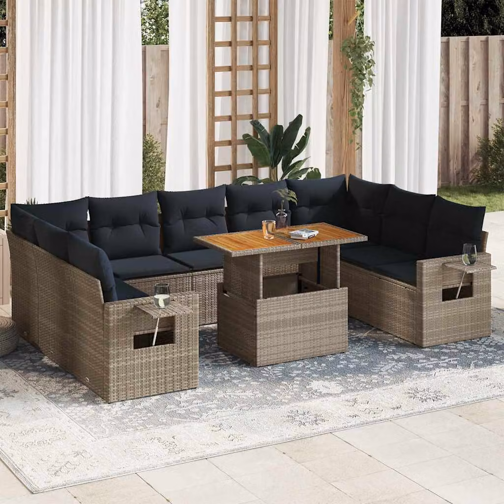 Set Divano da Giardino vidaXL a Forma di L con 10 Pezzi, Polyrattan e Cuscini Inclusi, Grigio e Blu