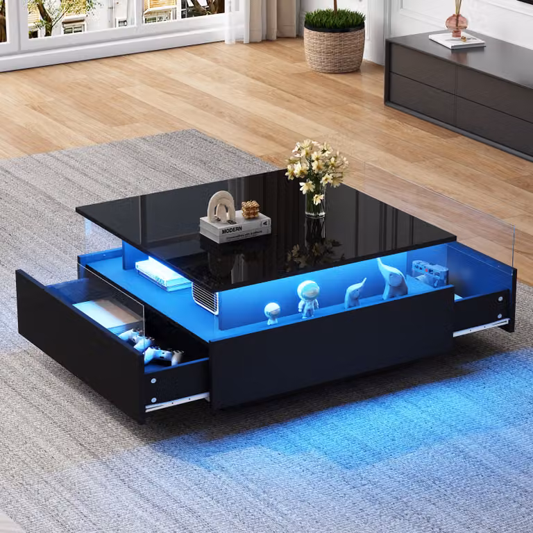 Abrihome Tavolino quadrato lucido con 2 cassetti e illuminazione a LED, nero
