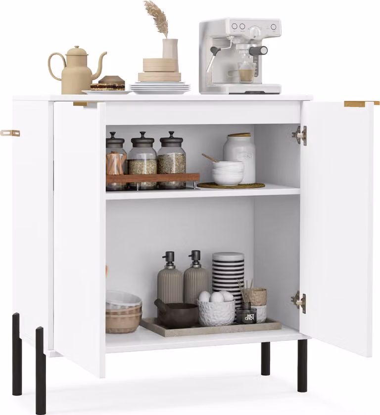 KOMFOTTEU Mobile da cucina a 2 ante, credenza con kit antiribaltamento e gambe in metallo, mobile buffet laterale 70 x 37 x 78 cm, per soggiorno, sala da pranzo, bianco
