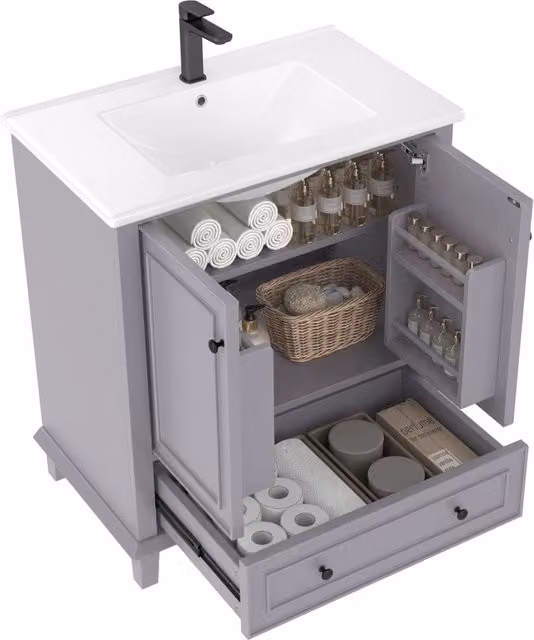 Mobile bagno a terra con lavabo in ceramica; mobile lavabo grigio 76x46x87 cm con ante e cassetto