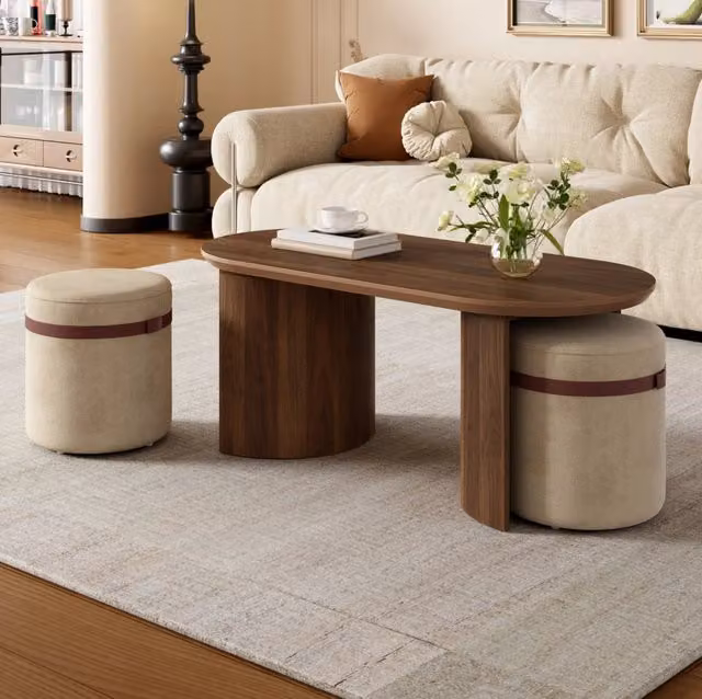 Set tavolino da salotto ovale con 2 pouf; MDF e pino; colore noce
