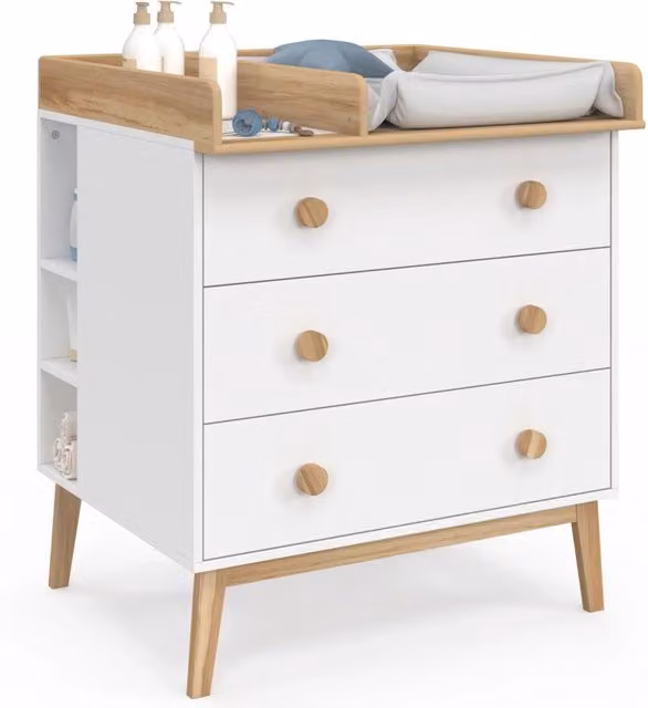 IDMarket - Comò fasciatoio JACOB bianco e legno con 3 cassetti, fasciatoio rimovibile e 2 ripiani