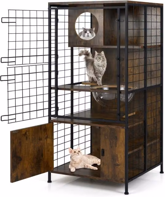 Armadio per gatti Design Mania in legno e metallo con amaca, struttura a più livelli con porta a rete, marrone e nero