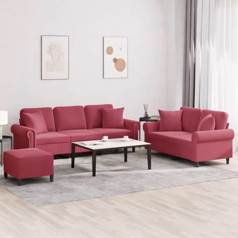 Maison Exclusive - Set divano a 3 pezzi con cuscini in velluto bordeaux