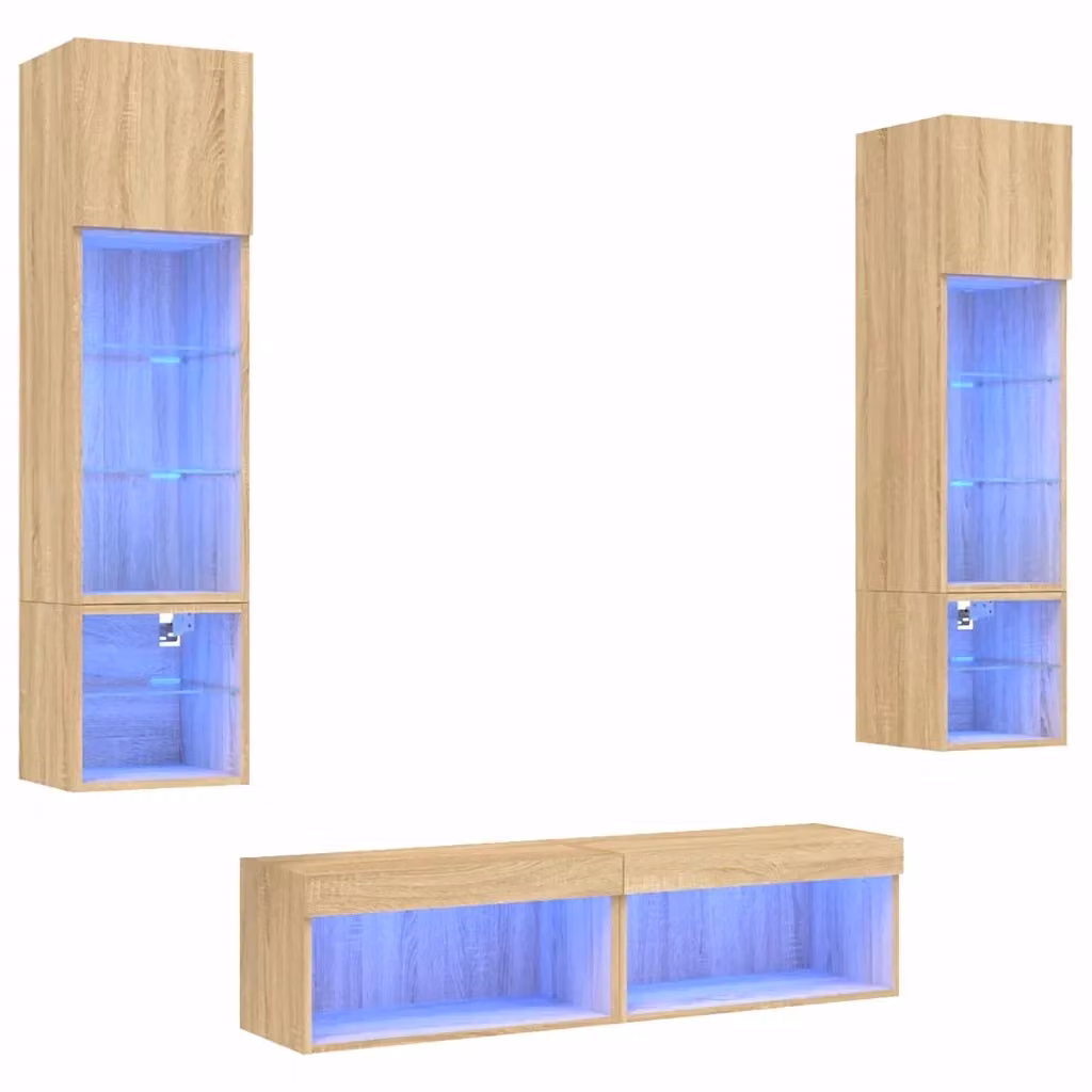 Mobile TV da parete vidaXL con illuminazione LED integrata, 6 pezzi, Rovere Sonoma, Marrone – 2