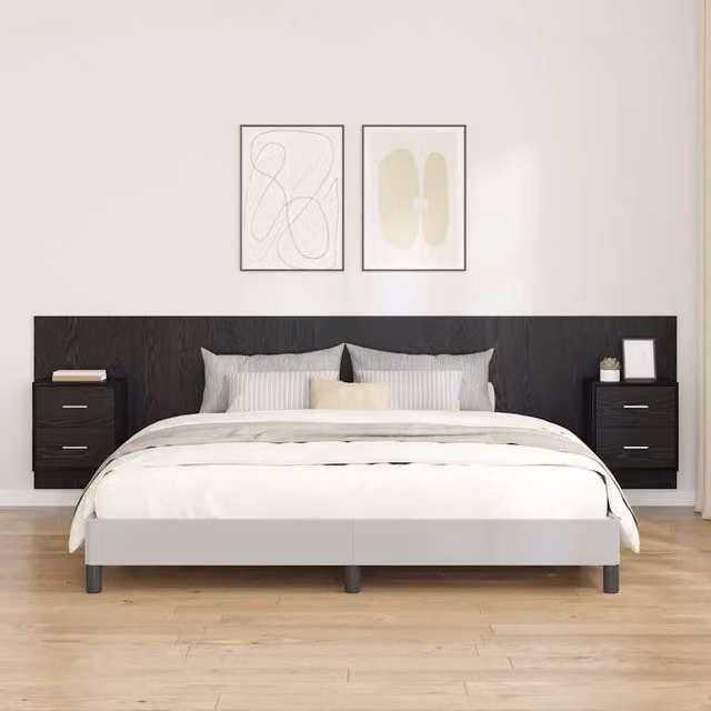 Testata con Comodino 3 pz-Set di 3 Testiera con Contenitore Rovere Nero Legno multistrato 498044