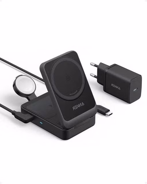 Stazione di ricarica wireless 3 in 1 Anker MagGo con certificazione Qi2 da 15 W per iPhone 14, iPhone 15, Apple Watch 9 e AirPods, colore nero, inclusa caricatore USB-C da 40W