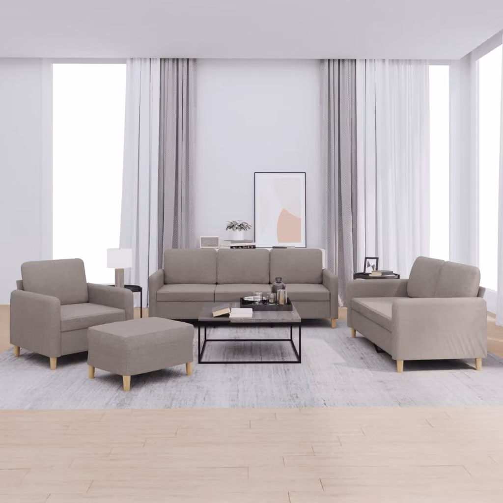 Set di divani vidaXL 4 pezzi in tessuto beige e grigio con pouf e cuscini per soggiorno – 1