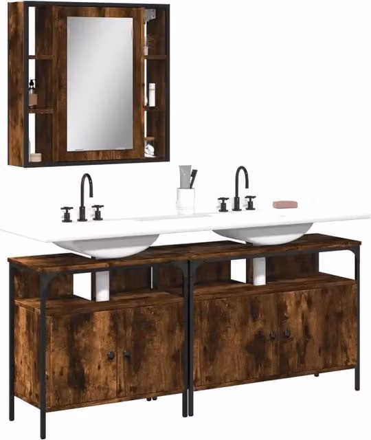 Set Mobili da Bagno 3 Pezzi vidaXL in Legno Rovere Marrone con Armadietto Specchio e Mobile Lavabo in Stile Industriale
