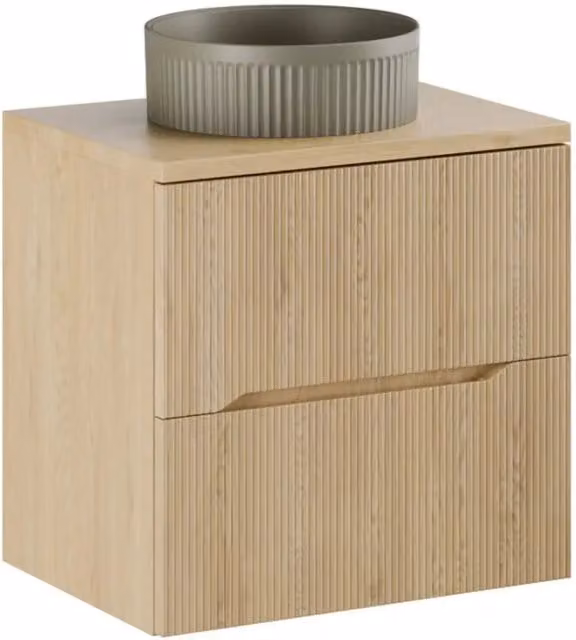 Set da bagno NATURA 60cm: mobile sotto lavabo + piano per lavabo + lavabo da appoggio rotondo verde kaki scanalato