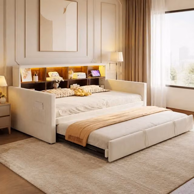Divano letto Mivray in velluto beige con illuminazione LED, porte USB e vani contenitore, L/P/H: 190 x 90 x 104 cm