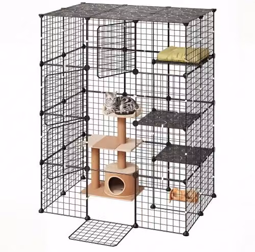 VEVOR Gabbia per Gatti a 4 Livelli 104,1 x 71,1 x 139,7 cm con 4 Porte, Recinto Alto per Interni, in Filo Metallico Rimovibile, con Spazio Largo per Svago, Colore Nero, per 1-2 Gatti Piccoli Animali