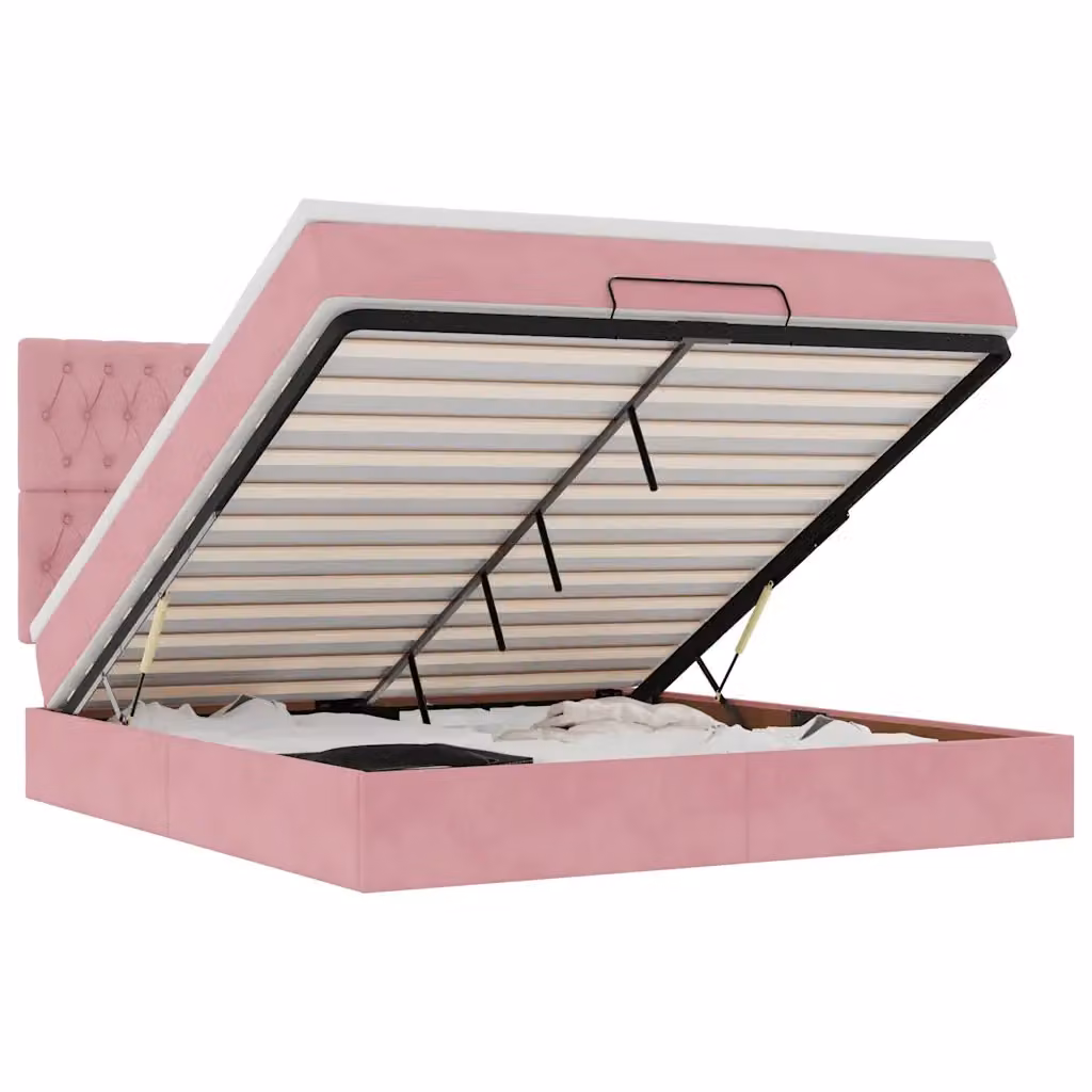 Letto con Contenitore a Sollevamento e Illuminazione Sotto il Letto vidaXL in Velluto Rosa e Bianco, L/P/H: 203 x 160 x 128 cm – 2