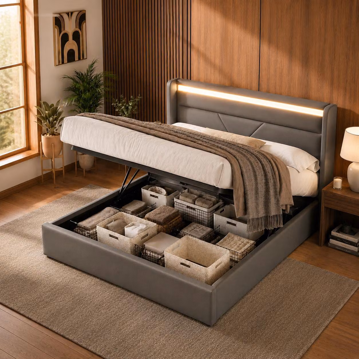 Letto imbottito 140x200 cm con testiera LED e spazio contenitore ad apertura idraulica, letto matrimoniale con rete a molle sollevabile, rivestito in tessuto sintetico grigio