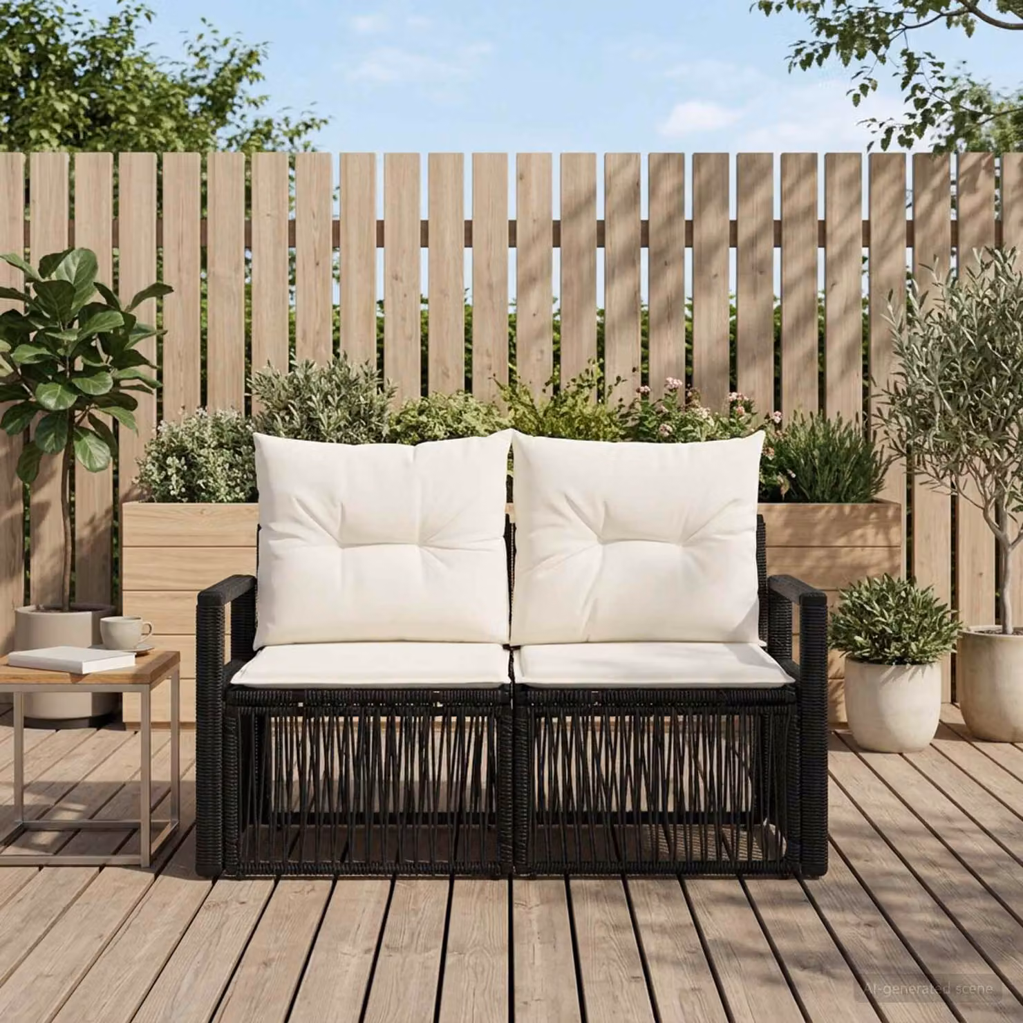 Divano da giardino a 2 posti vidaXL in polyrattan nero con cuscini inclusi