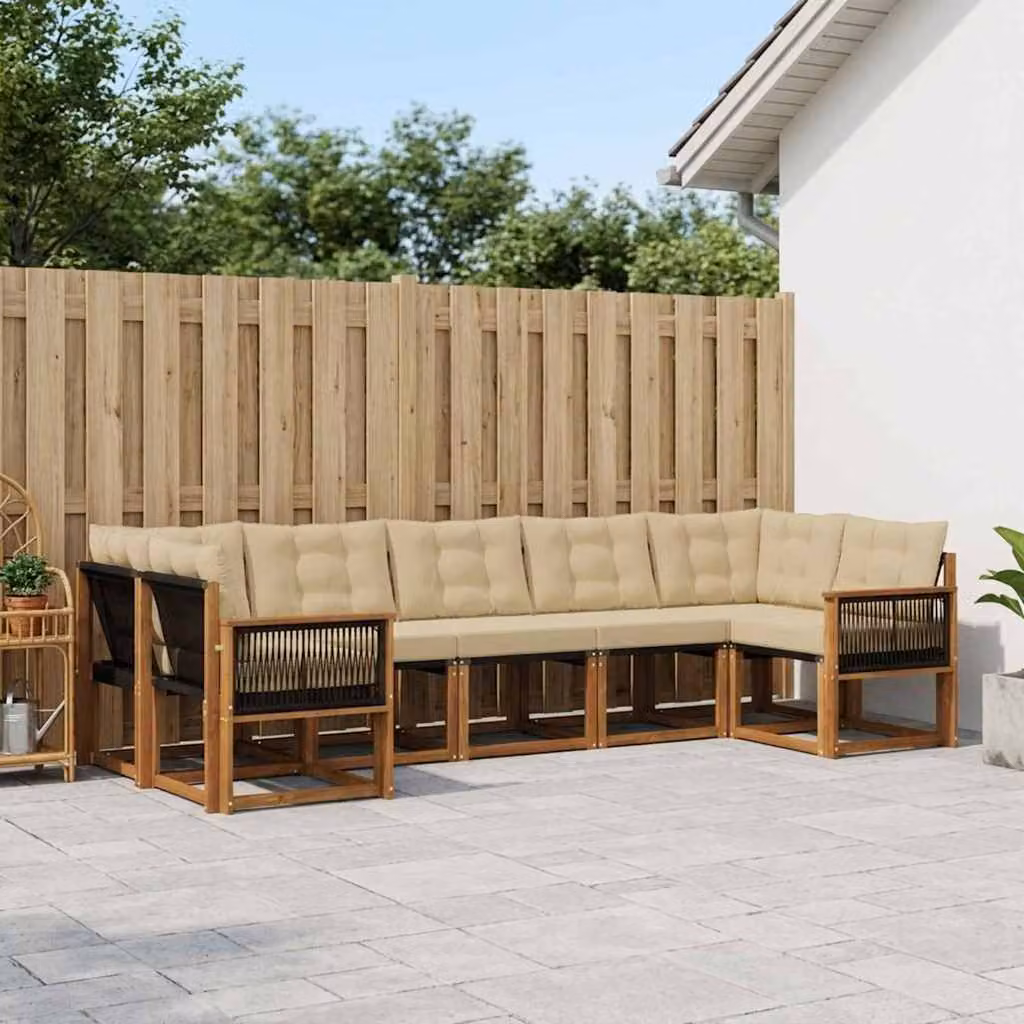 Set di divani da esterno vidaXL 7 pz a forma di L in legno di acacia con cuscini beige e marrone