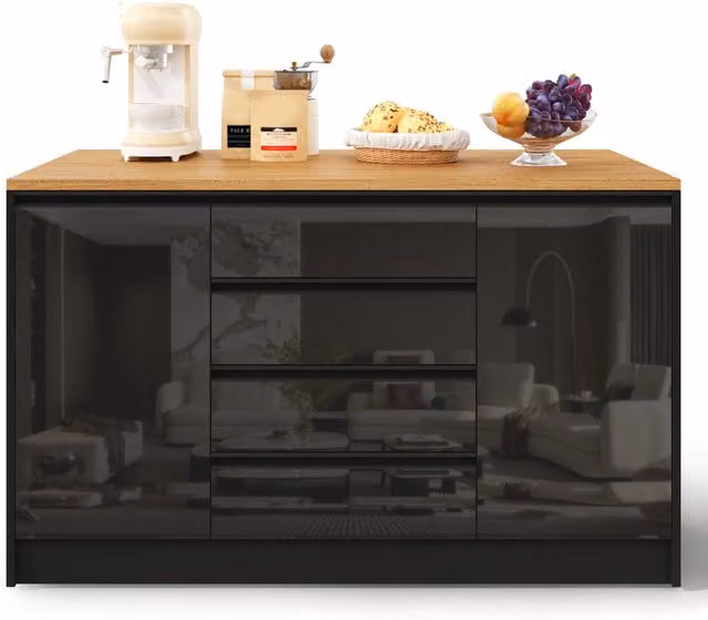 Isola Cucina con Piano Allungabile ¨C MINIMAL ¨C 4 Cassetti, 2 Ante, Nero, Effetto Legno, 140 cm
