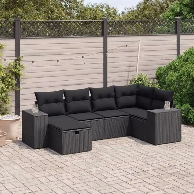 Set Divano da Giardino a L vidaXL in Polyrattan Nero con 6 Cuscini e Struttura in Acciaio – 1