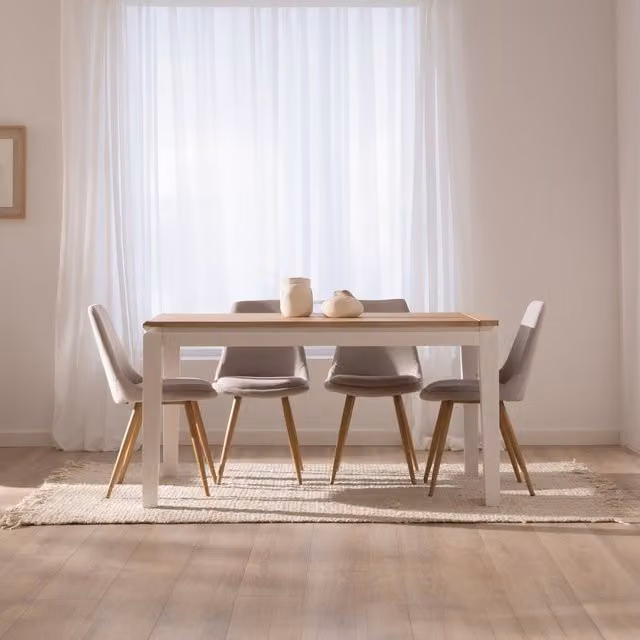 Set tavolo estensibile Banak con 4 sedie imbottite in stile moderno per sala da pranzo, disponibile nei colori bianco, beige e sabbia
