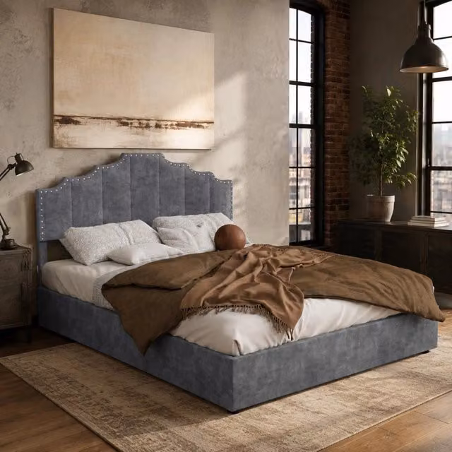 Letto matrimoniale 140x200 cm con materasso incluso; testiera geometrica in tessuto grigio