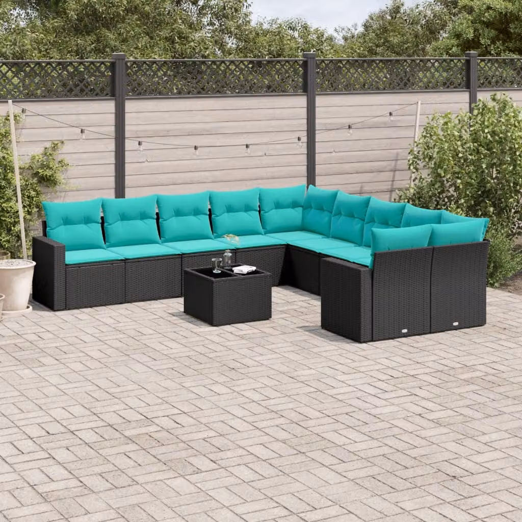 Set di divani da giardino vidaXL 11 pz a forma di L con cuscini blu e struttura in polyrattan nero e acciaio – 1