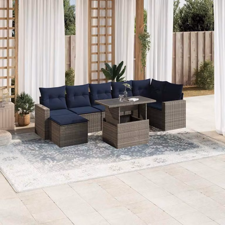 Set di divani da giardino vidaXL in polyrattan grigio con cuscini, tavolino e pouf per esterno