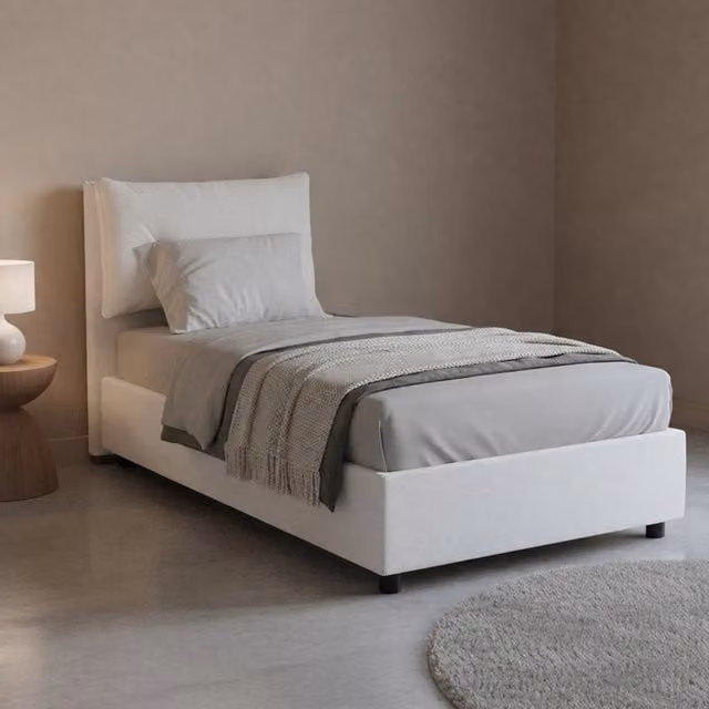 Letto singolo contenitore Albiate Talamo Italia con rivestimento in ecopelle e materasso incluso, Bianco, 80x190 cm