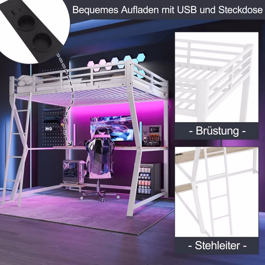 Letto a castello CIPACHO bianco con illuminazione LED sottostante, porta di ricarica USB e scala, L/P/H: 200 x 140 x 177,5 cm – 2