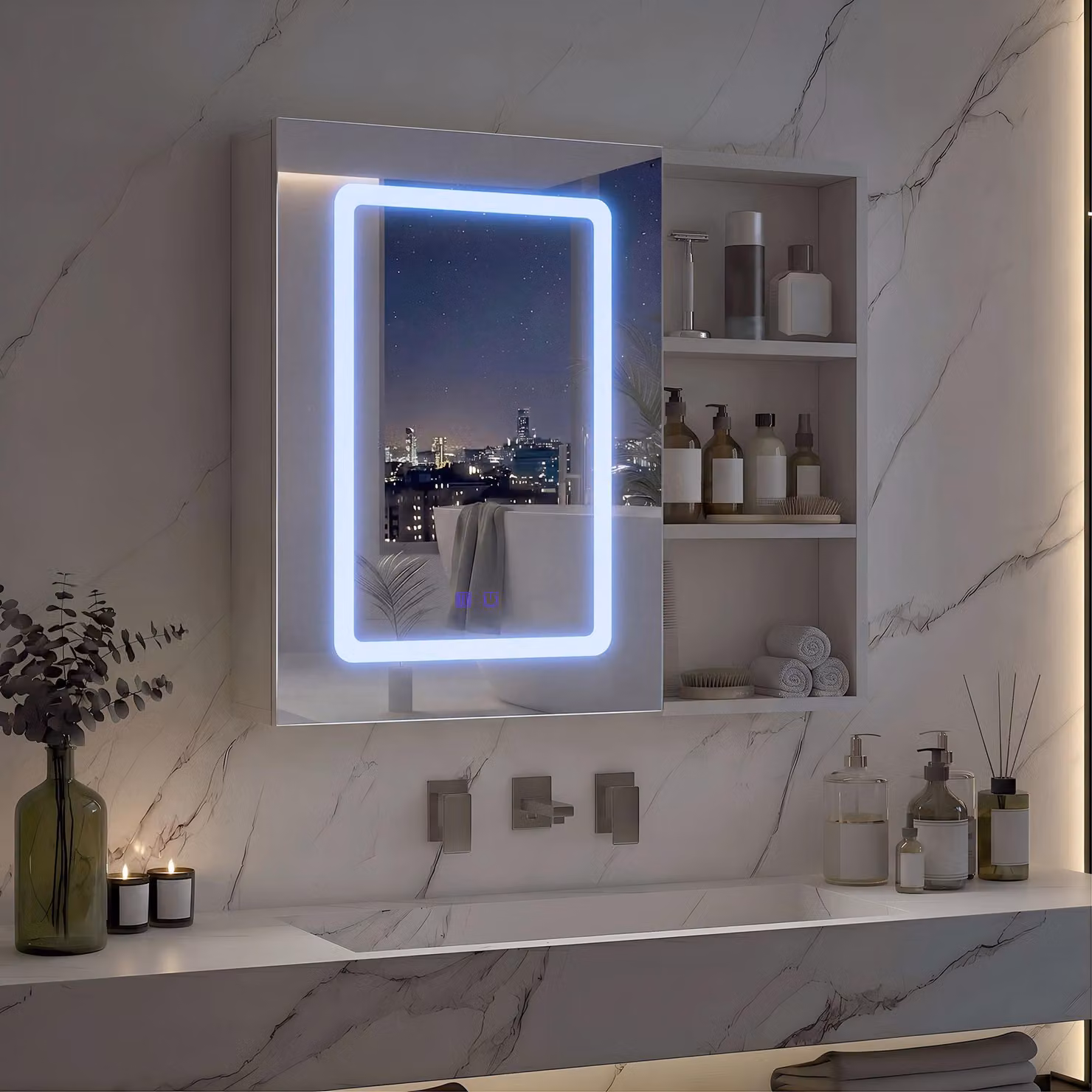 Mobiletto da bagno a specchio Moonbite, 60 cm, 1 anta con ripiano laterale – Antiappannamento, 3 colori, bianco