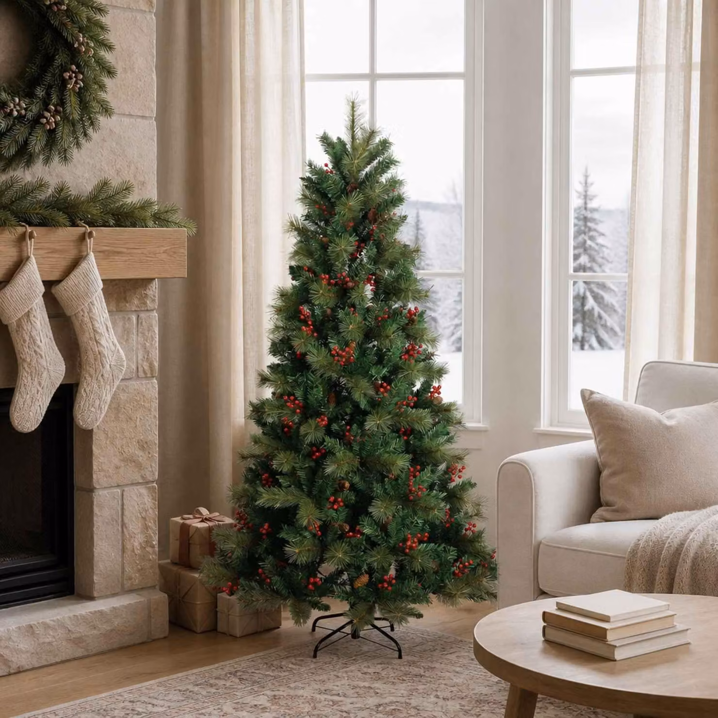 Albero di Natale artificiale pieghevole, altezza 150 cm, realizzato in PVC e metallo