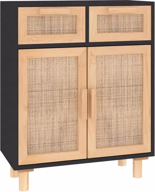 Credenza Buffet in Legno Massello di Pino e Rattan Naturale Nera L: 60 cm, P: 30 cm, H: 75 cm – 1