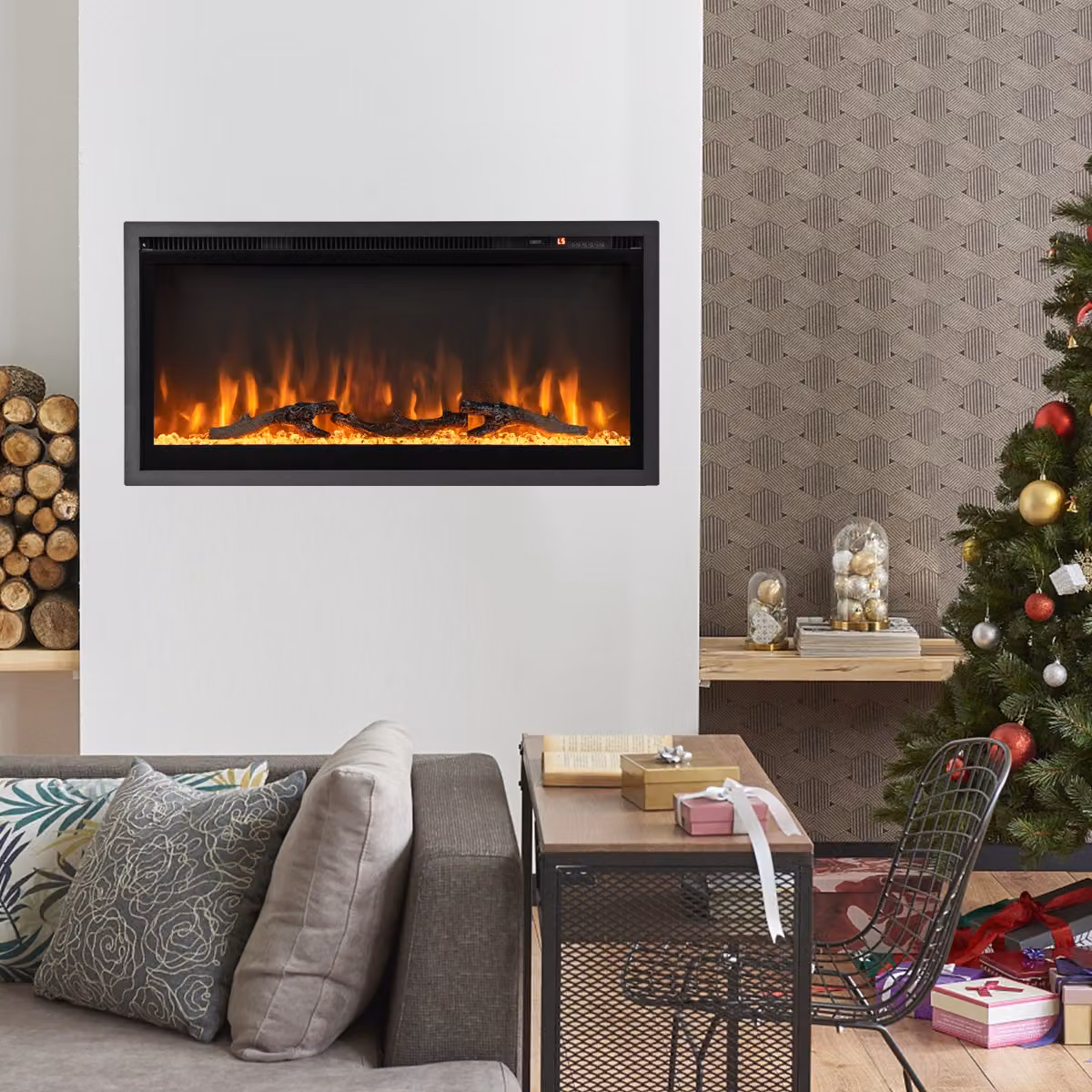 Caminetto elettrico da incasso a parete Costway nero con luminosità della fiamma regolabile L 91,5 cm x H 45 cm x P 14 cm