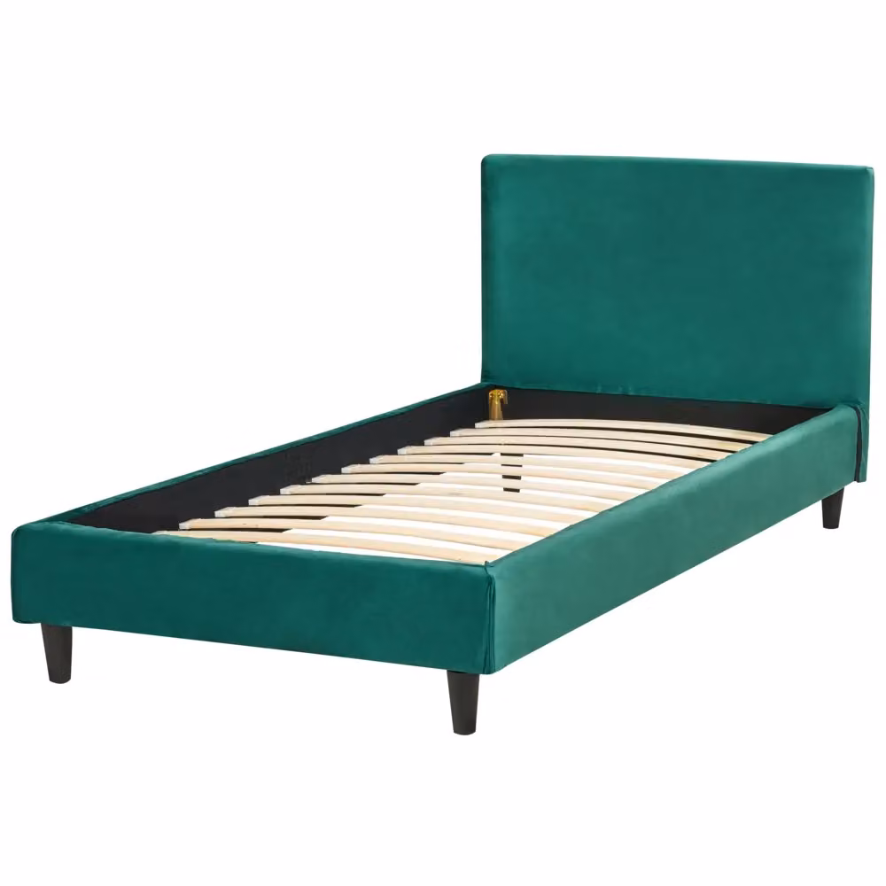 Letto singolo Beliani in velluto verde con rete a doghe in legno e struttura imbottita L/P: 90 x 200 cm – 2