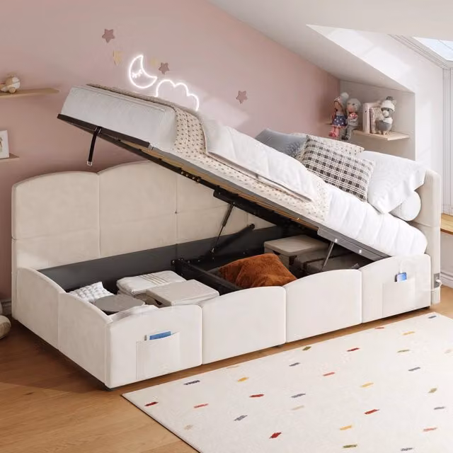Letto imbottito per bambini e adulti - Zephmum- 90x200 cm, beige, con contenitore, USB, senza materasso