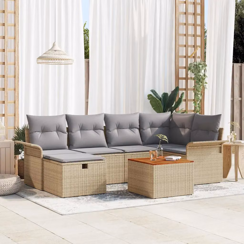 Set Divano da Giardino vidaXL 7 Pezzi Beige con Cuscini e Tavolino in Polyrattan e Acciaio – 1