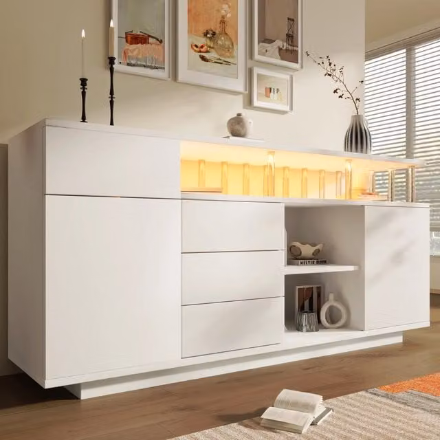 Credenza moderna bianca in MDF e acrilico con illuminazione LED e ripiani regolabili L: 160 cm, P: 40 cm, H: 75 cm