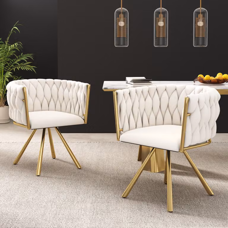 okwish, Sedia da pranzo, sedia girevole, sedia da pranzo in velluto, 2 pezzi, eleganti sedie girevoli per soggiorno e camera da letto, con 4 gambe in metallo, beige e oro