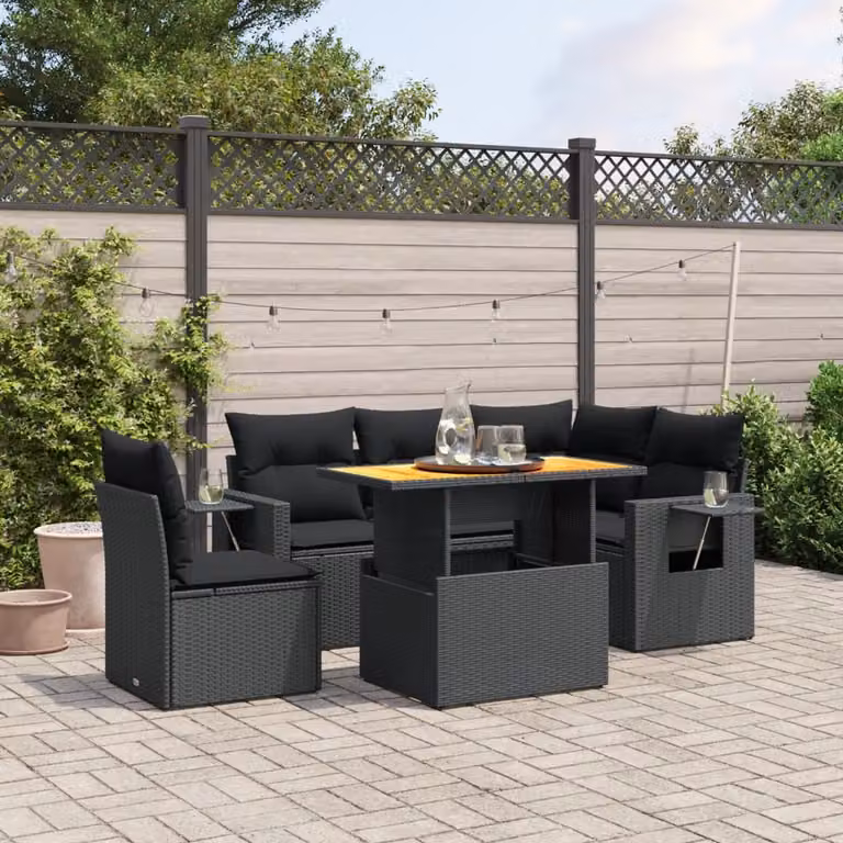 Set Divano da Giardino vidaXL 6 pz a Forma a L in Polyrattan Nero con Cuscini e Tavolino da Esterno