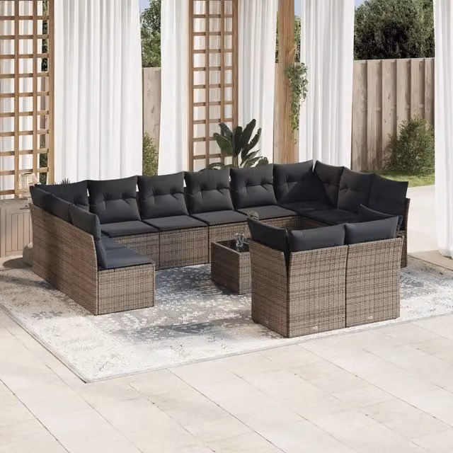 Set di Divani da Giardino VIDAXL a Forma di U in Polyrattan Grigio con 13 Pezzi e Cuscini – 1