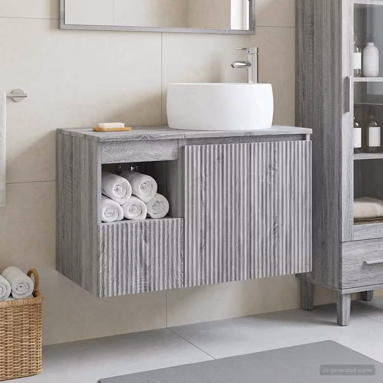Set di mobili per il bagno vidaXL composto da mobile sottolavabo e pensile, colore grigio, design moderno con ante a cerniera e cassetti interni