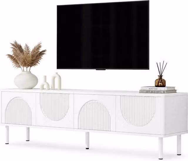 DESMIU Mobile TV 180 cm in bianco opaco con 4 scomparti e gestione cavi – design moderno per soggiorno, camera o corridoio