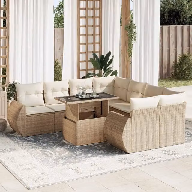 Set Divano da Giardino a L vidaXL in Polyrattan con Cuscini Beige e Tavolino da Esterno – 1