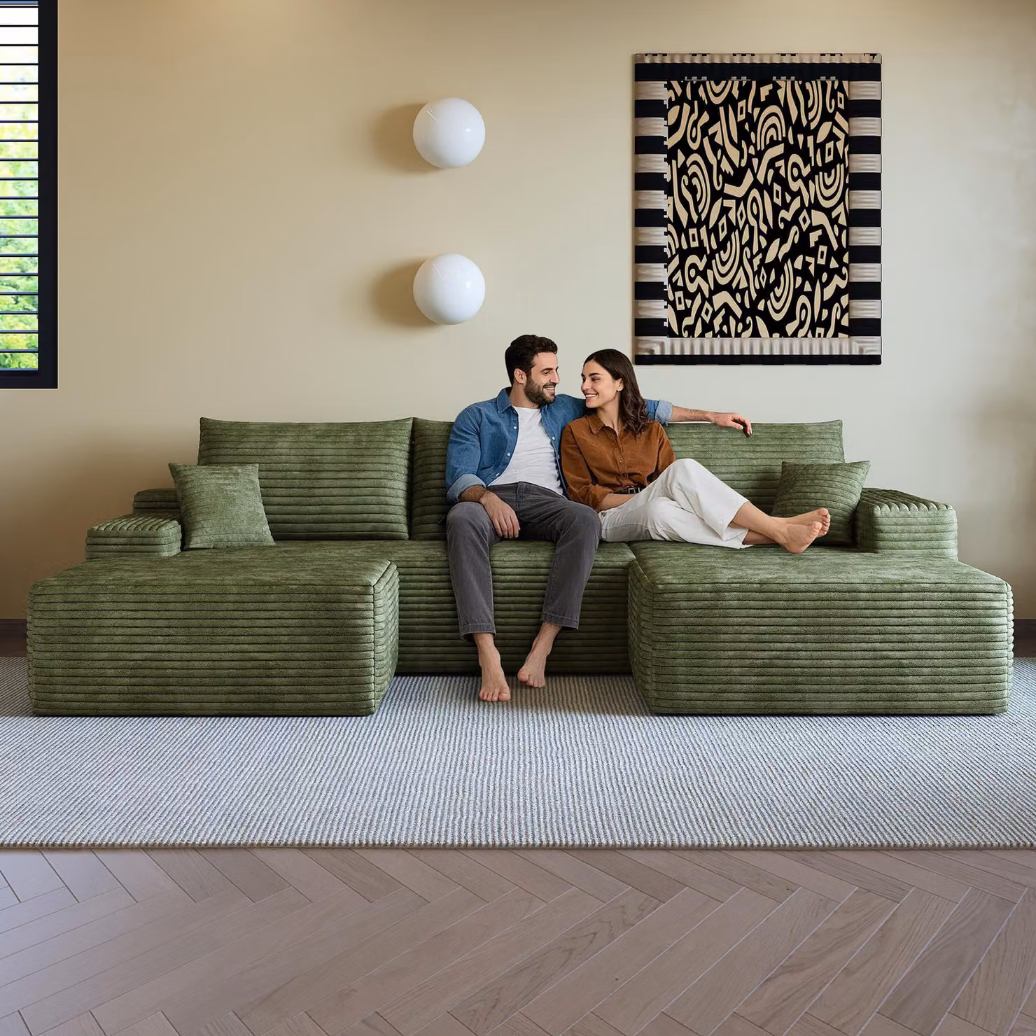 Divano angolare modulare senza struttura interna, con chaise longue a forma di L, design moderno, seduta profonda. Non richiede montaggio